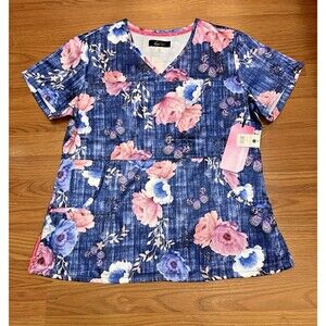 KOI LITE Scrub Top Falling Roses Alice Performance Stretch Nursing Medical L NWT